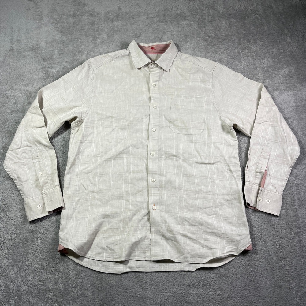 Tommy Bahama Linen Blend Button Up Shirt Men's Medium Khaki Outdoorsy Minimalist